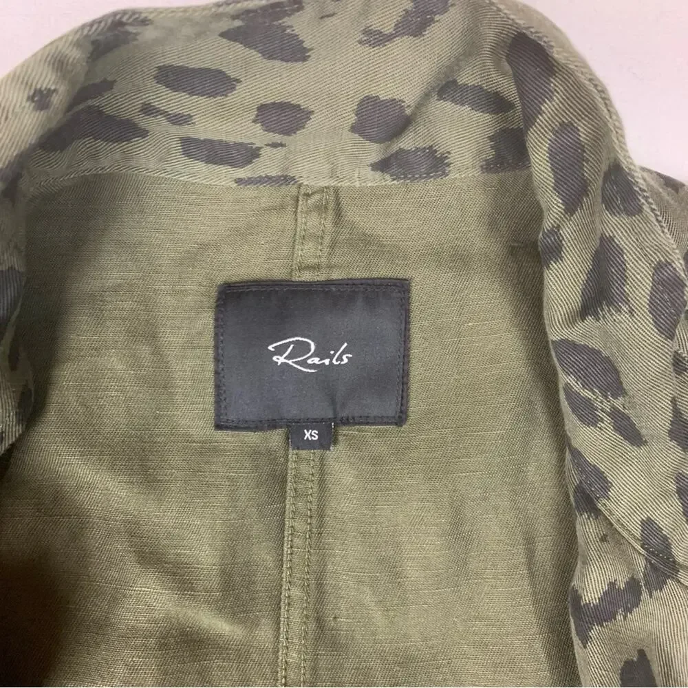 Rails women's Extra small XS green Olive Leopard Print Jacket linen lyocell